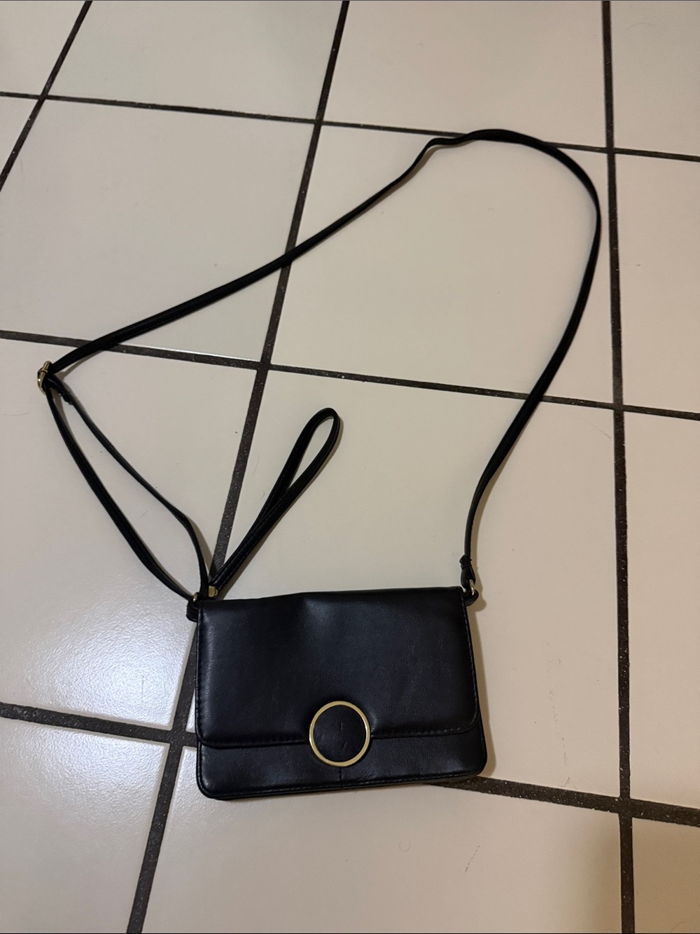 Classic Black Crossbody Bag with Gold Ring Accent